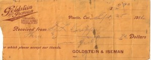 Check issued by Goldstein's Store, 1911.