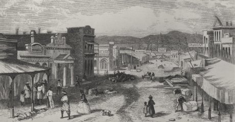Kady Gambitz' Store 1858 Victoria, on the left between the first store and the pillars of the Bank which is the third building.