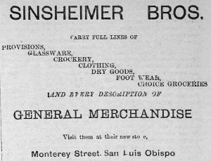 Sinsheimer Bros. Adv. in The Daily Republic, San Luis Obispo, 1889